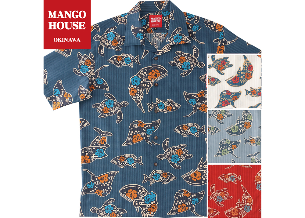 【かりゆしウェア】メンズ ちゅらさんジンベエザメMサイズ×ネイビー