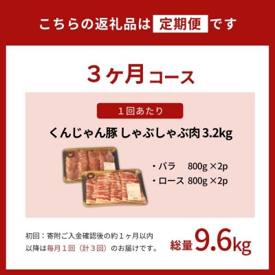 【毎月定期便】くんじゃん豚 しゃぶしゃぶセット(バラ・ロース)計9.6kg全3回【配送不可地域：離島】