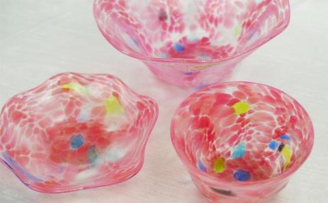 鉢 【琉球ガラス 匠工房】波の花 鉢 3点セット（ピンク）