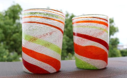 『現代の名工』宮国次男作　琉球ガラス＜グラス2個セット＞カラフル泡