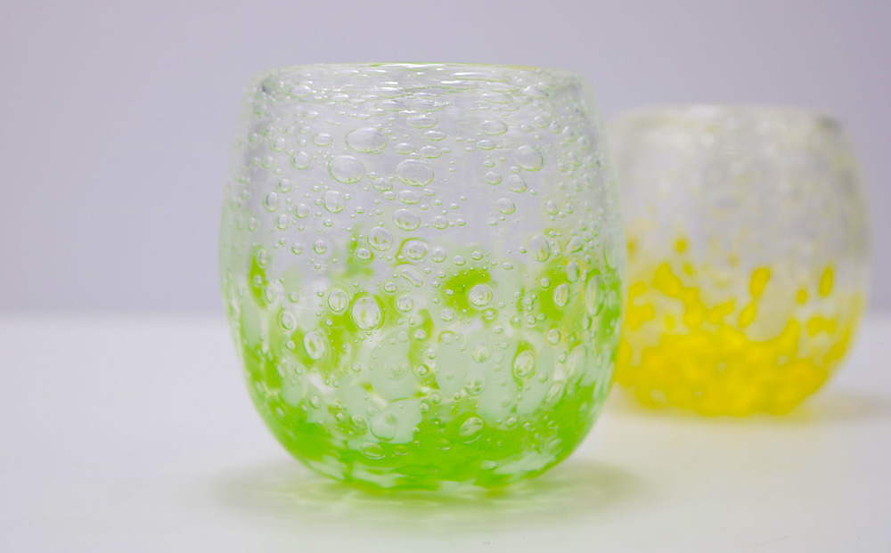 現代の名工「池宮城 善郎」作　気泡の海タルグラス（黄・緑）2個ペア