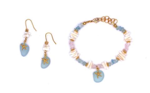 【ブレスレット＆ピアス】Lサイズ｜サンゴとシーグラスのアクセサリーセット