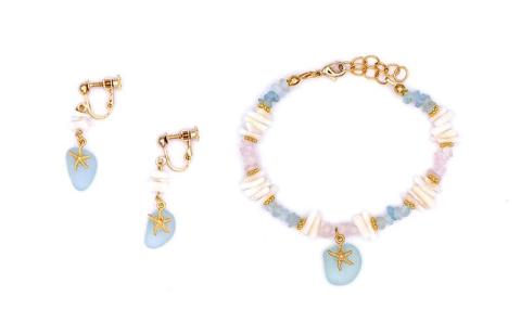 【ブレスレット＆イヤリング】Mサイズ｜サンゴとシーグラスのアクセサリーセット