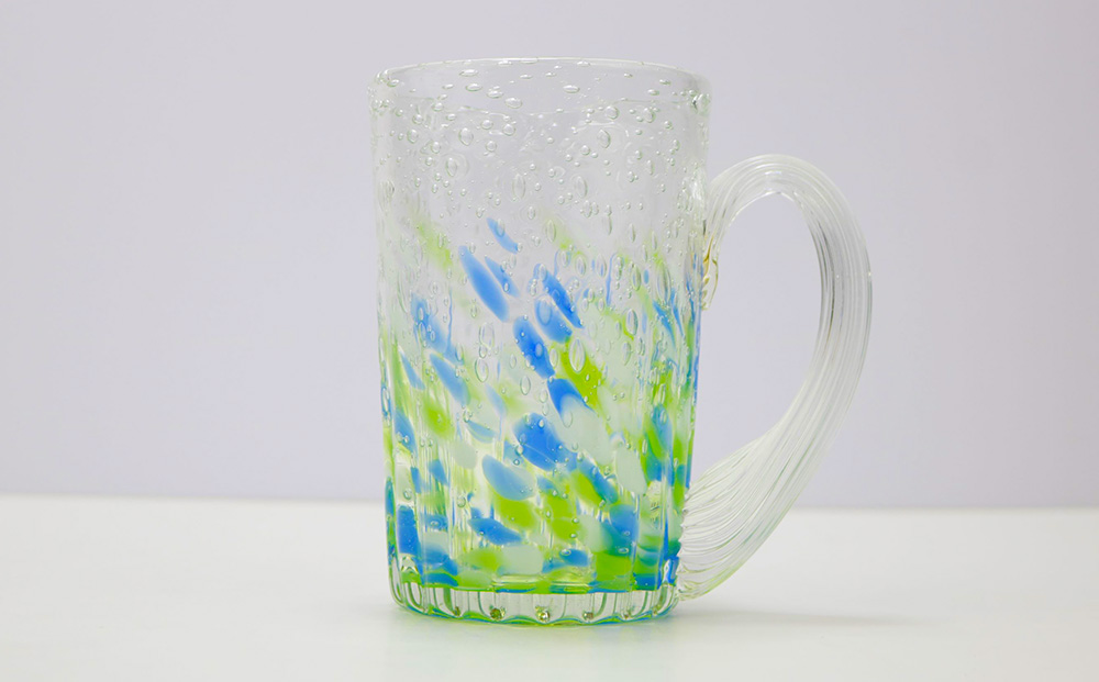 現代の名工「池宮城 善郎」作　気泡の海ラインジョッキ（青緑・青ピンク）2個ペア