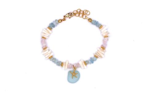 【ブレスレット＆ピアス】Sサイズ｜サンゴとシーグラスのアクセサリーセット