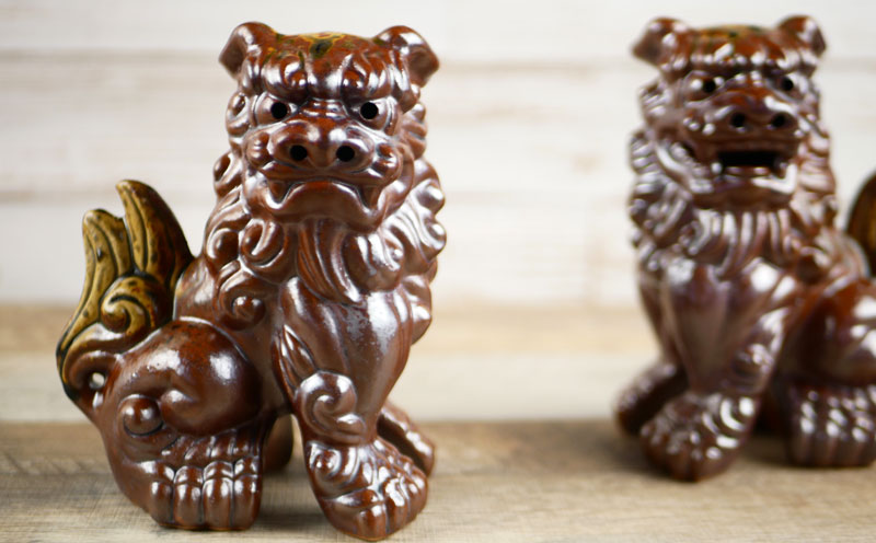 鋳込み　シーサー 雌雄ペアセット【茶】小