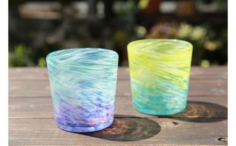 【ガラス工房雫】深海ロックグラス　エメラルド・紫2個セット