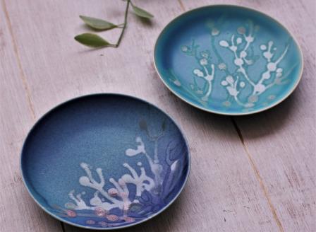 【datta.沖縄南の島陶芸工房】珊瑚プレート 取り皿（2枚セット）瑠璃紺×青色 ☆ やちむん 読谷村 コーラル セット商品 器 お皿 伝統工芸品 地場産品 ブルー