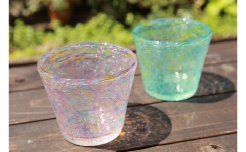 【ガラス工房雫】泡花口広カップ＜ヒルギ＆ランタナ＞2個セット