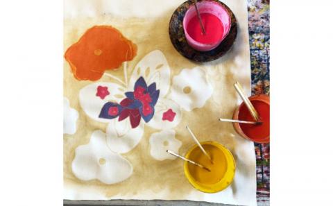 「花と蝶」手染め紅型パネル＜紅型作家＞新垣優香