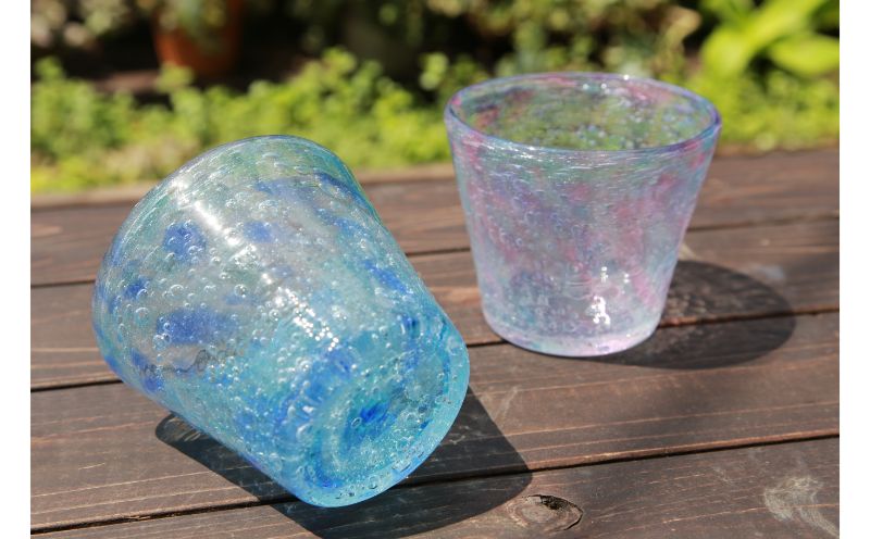 【ガラス工房雫】泡花口広カップ＜朝顔＆紫陽花＞2個セット