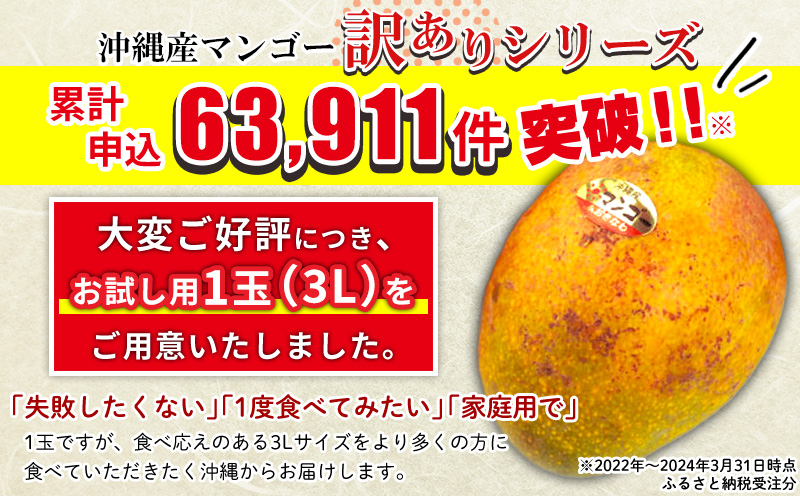 2024年発送】訳あり 沖縄県産 完熟マンゴー 3L（1玉）北中城村 先行予約 数量限定 訳アリ フルーツ 果物 くだもの アップルマンゴー  アーウィン種 冷蔵 JA 家庭用 お試し フードロス 沖縄 3L 南国 人気 おすすめ 限定 お取り寄せ: 北中城村ANAのふるさと納税