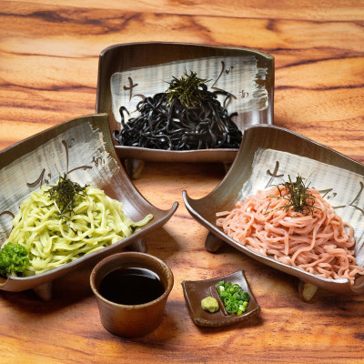 【太生麺の冷やしそば】ちょーでーぐぁ 彩り生麺 イカスミ・ウメ・アーサ 3食セット【配送不可地域：離島】