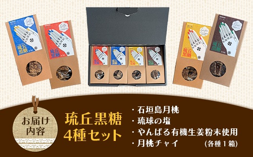 琉丘黒糖 4種セット 【ギフトセット】 - 黒糖 フレーバー 月桃 塩 生姜 ジンジャー チャイ 水あめ不使用 植物原料のみ 人気 おすすめ 無添加 食べ比べ 自然の恵み 贈り物 贈答品 沖縄県 八重瀬町