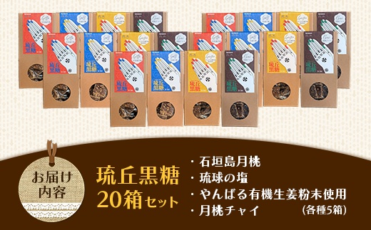 琉丘黒糖 4種×5箱 【計20箱入り】 - 黒糖 フレーバー 月桃 塩 生姜 ジンジャー チャイ 水あめ不使用 植物原料のみ 人気 おすすめ 無添加 食べ比べ 自然の恵み プレゼント おすそ分け 沖縄県 八重瀬町