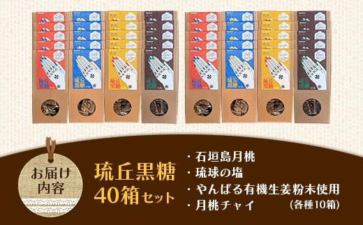 琉丘黒糖 4種×10箱 【計40箱入り】 - 黒糖 フレーバー 月桃 塩 生姜 ジンジャー チャイ 水あめ不使用 植物原料のみ 人気 おすすめ 無添加 食べ比べ 自然の恵み プレゼント おすそ分け 沖縄県 八重瀬町