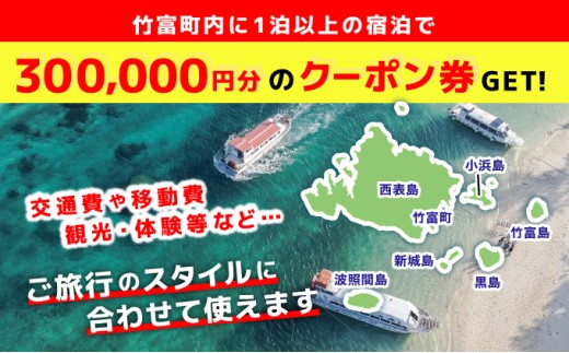 沖縄県竹富町　日本旅行　地域限定旅行クーポン 300，000円分【チケット 旅行 宿泊券 ホテル 観光 旅行 旅行券 交通費 体験 宿泊 夏休み 冬休み 家族旅行 ひとり カップル 夫婦 親子 トラベルクーポン 竹富町旅行】 300，000円分
